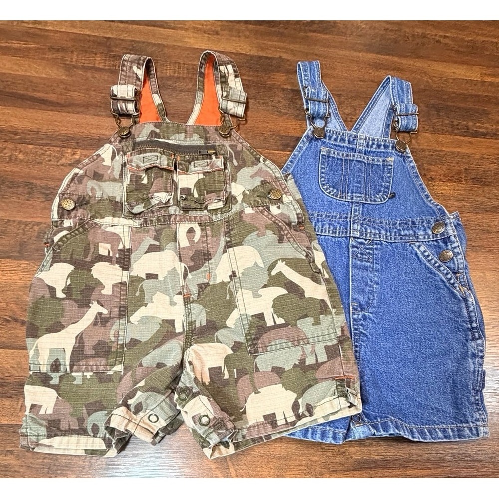 Vintage Y2K boy shortall lot, Oshkosh B'gosh animal camo print. Size 18 months